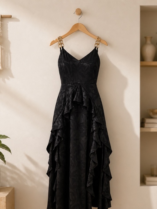 sienna Dresses & Skirts - Black Strapless V-Neck Ruffle Midi Dress with Gold Chain Straps